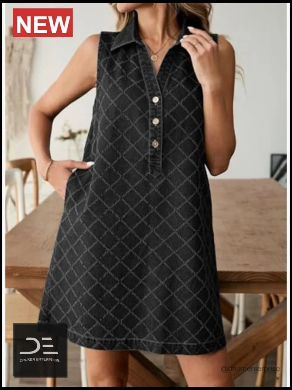 Sleeveless V Neck Button Mini Denim Dress with Pockets